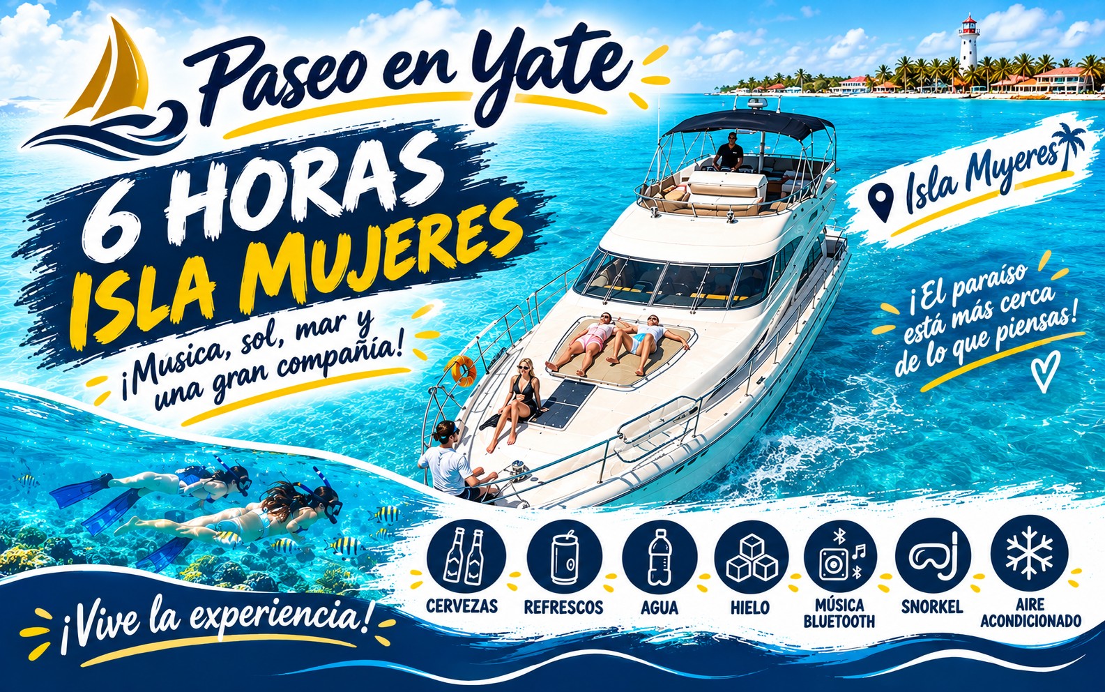 Tour de 6 horas a Isla Mujeres a bordo del yate Sealine Amasivar de 45 pies — cerveza, refrescos, agua, hielo, música Bluetooth, equipo de snorkel y aire acondicionado incluidos